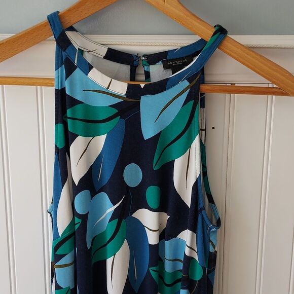 ANN TAYLOR FACTORY Sz 4 Sleeveless Midi Dress Navy Blue and Green‎ Leaf - Picture 2 of 8